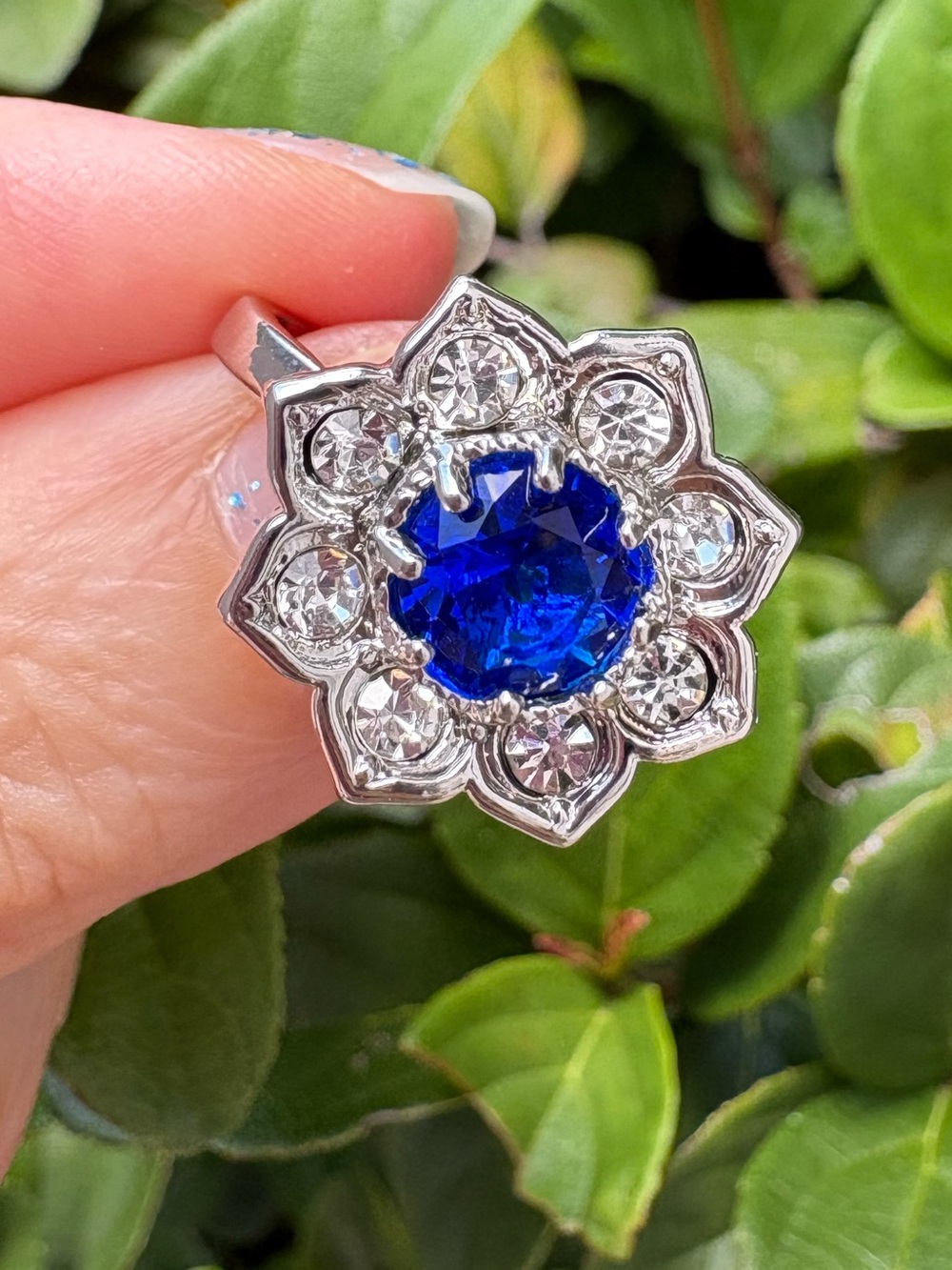 Royal Blue and Clear Rhinestones Floral Halo Ring for Women